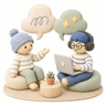 Two felt dolls: one asking a question, the other working at a laptop