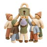 Five felt dolls holding up a padlock shield