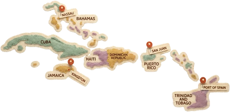 Felt map of the Caribbean islands with pins on Nassau, Kingston, San Juan and Port of Spain
