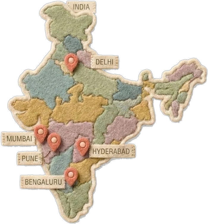 Felt map of India with pins on Mumbai, Delhi, Bengaluru, Hyderabad and Pune