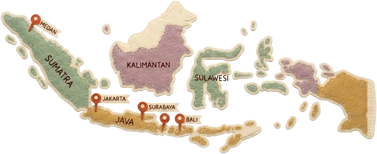 Felt map of Indonesia with pins on Medan, Jakarta, Surabaya and Bali