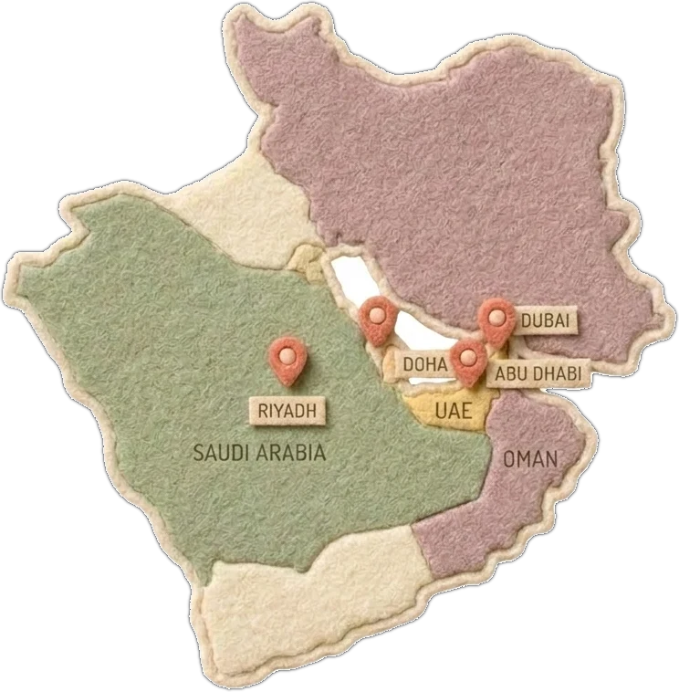 Felt map of the Gulf with pins on Dubai, Abu Dhabi, Doha and Riyadh