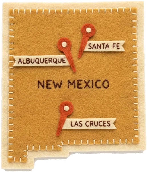 Felt map of New Mexico with pins marking CuePilot schools across Albuquerque, Santa Fe, Rio Rancho and Las Cruces