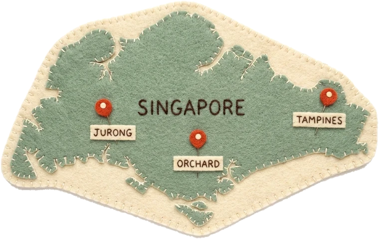 Felt map of Singapore with pins on Jurong, Orchard and Tampines