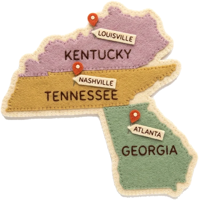 Felt map of the Southeast with pins marking CuePilot schools across Georgia, Tennessee, Alabama and South Carolina