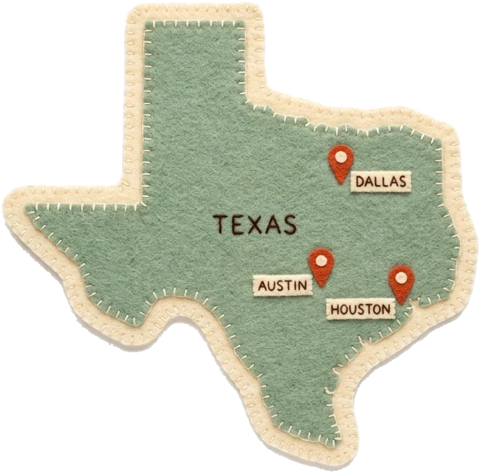 Felt map of Texas with pins marking CuePilot schools across Houston, Dallas, Austin and San Antonio