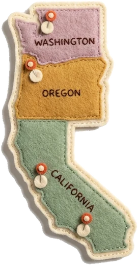 Felt map of the West Coast with pins marking CuePilot schools across California, Oregon and Washington